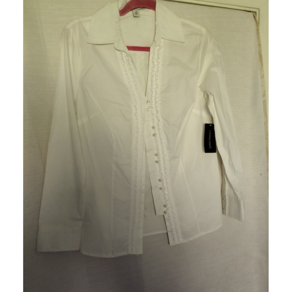 Luciano Dante Women's Pleated Ruffle Blouse Button Front Stylist Classic NWT